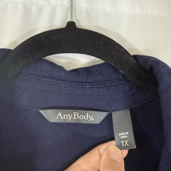 Any Body Blouse Women's 1X Blue Button Up Short Sleeve Cotton Linen Blend Solid - Picture 2 of 8